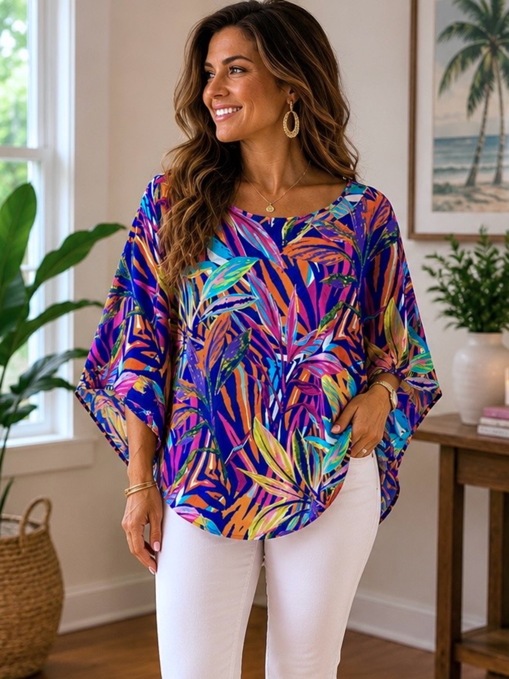 Chico's Tropical Print Colorful Floral Poncho Tunic Cape Size S/M Coastal